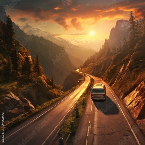 Generative AI Highway with mountain scenery sunset pictures
