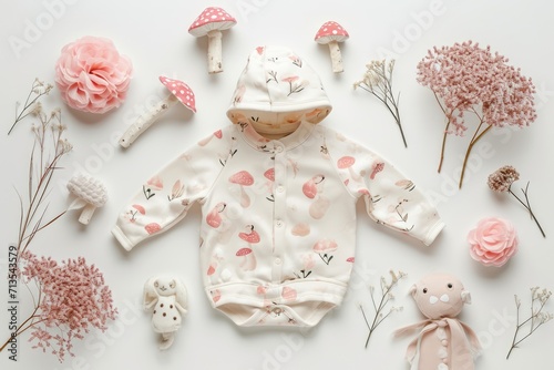 A charming baby girl's romper with mushroom and floral patterns laid out with whimsical decorative mushrooms and fresh flowers.. photo