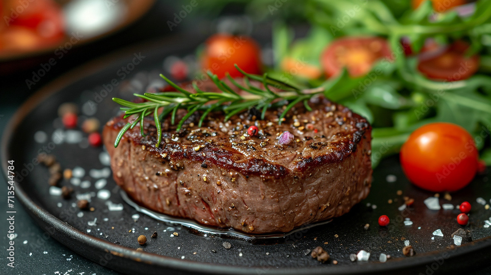 Medium steak on a porcelain plate, with a sprig of rosemary on the steak. The background of the salad plate is blurry. Classically cooked meat. Restaurant. Homemade food. Medium steak on a porcelain plate, with a sprig of rosemary on the steak. The background of the salad plate is blurry. Classically cooked meat. Restaurant. Homemade food.