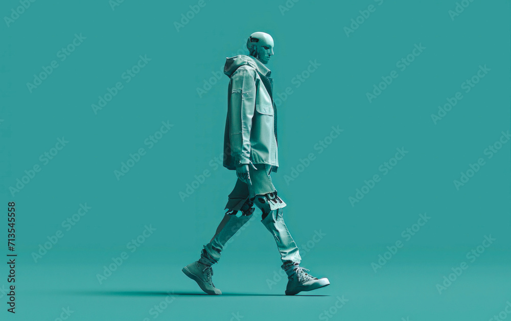 A sleek robot walks in a cyan jacket against a cyan background. This concept blends technology and style, highlighting a futuristic expression through the fusion of a robot and fashion aesthetics.
A sleek robot walks in a cyan jacket against a cyan background. This concept blends technology and style, highlighting a futuristic expression through the fusion of a robot and fashion aesthetics.