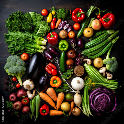 Big Set of Organic Food  Fresh Raw Vegetables on a Black Background