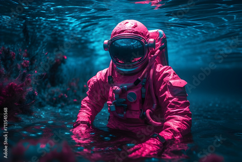 hyper realistic pink astronaut floating in liquid
