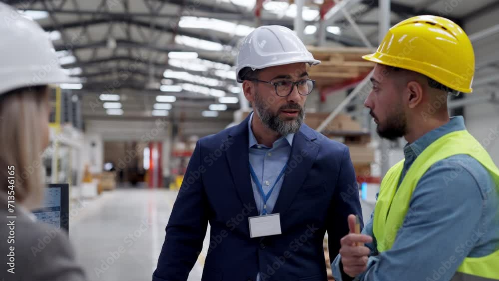 Engineers consulting with director in modern industrial factory, talking about new production project or investment. Team management in manufacturing facility. Engineers consulting with director in modern industrial factory, talking about new production project or investment. Team management in manufacturing facility.