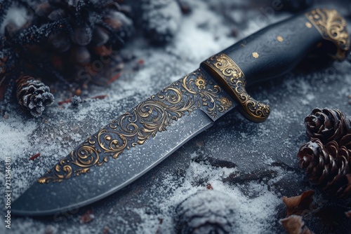 One Stylish Damascus steel kitchen knife on a wooden board