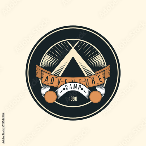 Set of vintage camping label stickers or outdoor adventure recreation theme logo emblems, vector illustration.