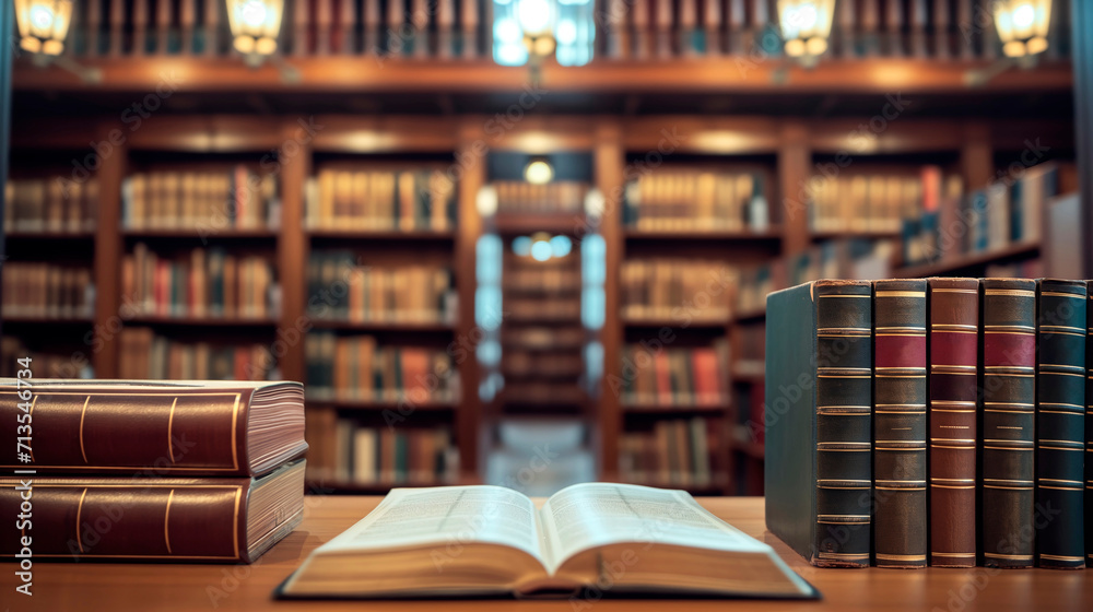 Book in library with old open textbook Book in library with old open textbook
