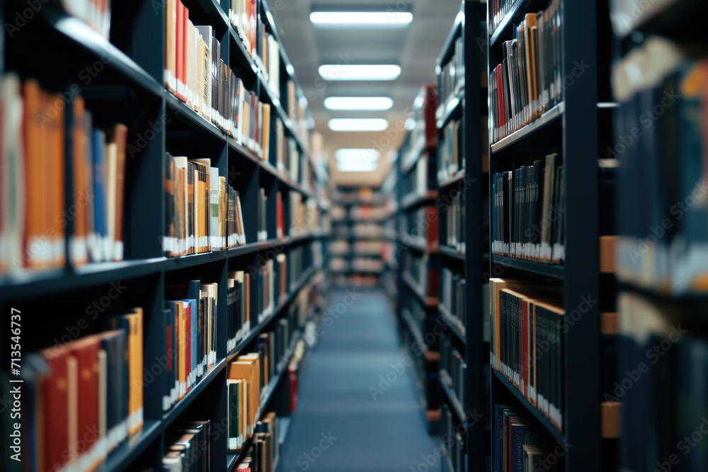 A long row of books neatly arranged in a library. Suitable for educational, literary, and academic themes A long row of books neatly arranged in a library. Suitable for educational, literary, and academic themes