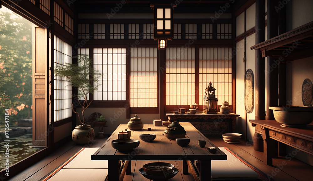 Japanese minimalist house room interior design  - obrazy, fototapety, plakaty 