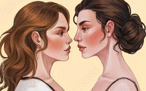 Digital painting of a pair of young women in front of each other