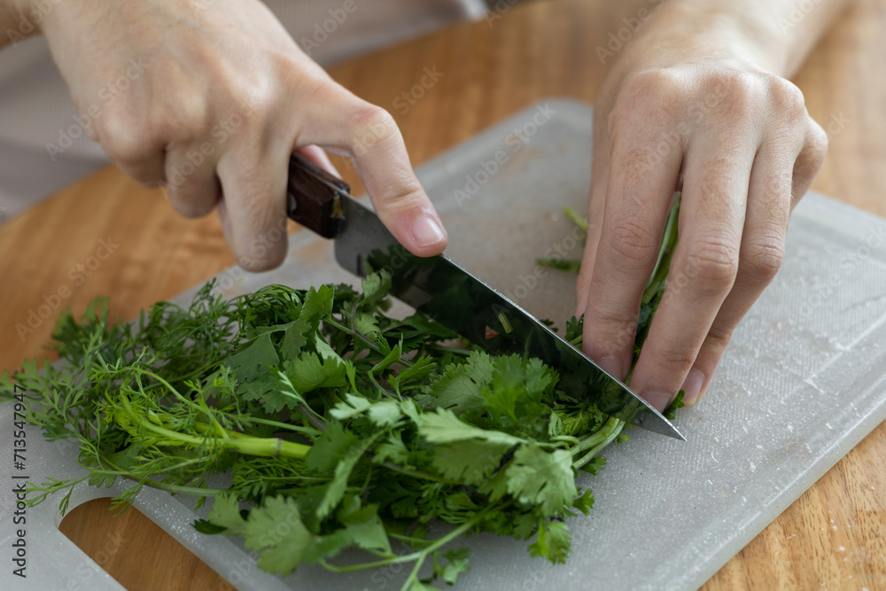 kitchen utensil, food preparation in kitchen, cutting cilantro leaves with knife on cutting board, healthy ingredients for food kitchen utensil, food preparation in kitchen, cutting cilantro leaves with knife on cutting board, healthy ingredients for food