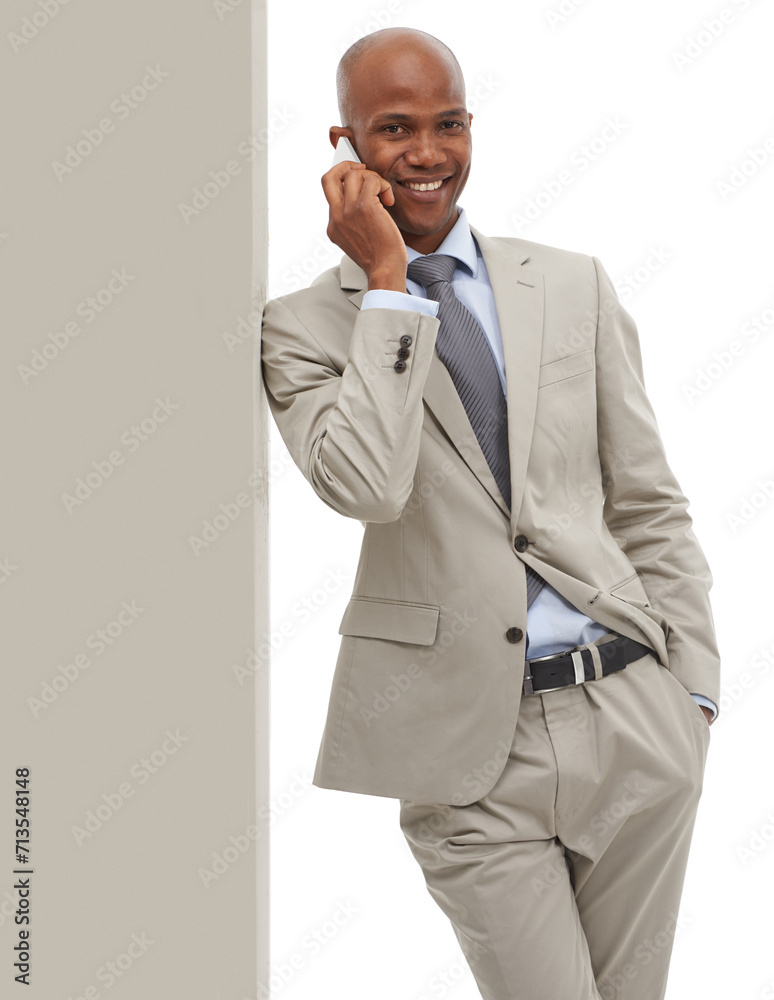 Phone call, wall and portrait of business black man on mobile consultation, networking and consulting on sales promo. Studio space, smartphone announcement and consultant leaning on white background Phone call, wall and portrait of business black man on mobile consultation, networking and consulting on sales promo. Studio space, smartphone announcement and consultant leaning on white background