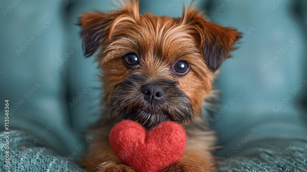 Cute lover Valentine puppy dog lying with a red heart, isolated on blue background Cute lover Valentine puppy dog lying with a red heart, isolated on blue background