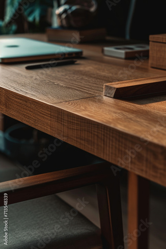 A laptop computer sitting on top of a wooden table. Perfect for technology and workspace concepts