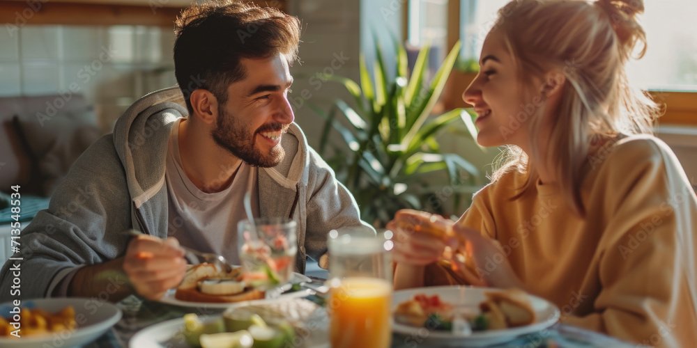 A man and a woman are sitting at a table with plates of food. This image can be used to illustrate a meal, dining, or a romantic dinner