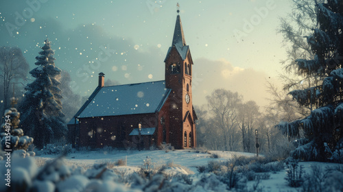 A picture of a church surrounded by a snowy forest. Perfect for winter-themed designs and holiday projects