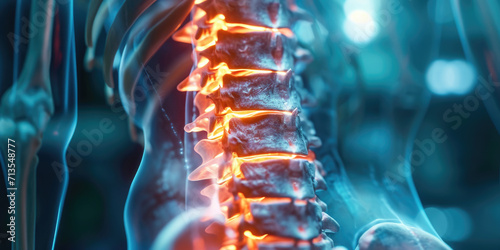 A human spine with a glowing spine in the background. Ideal for medical illustrations and educational materials