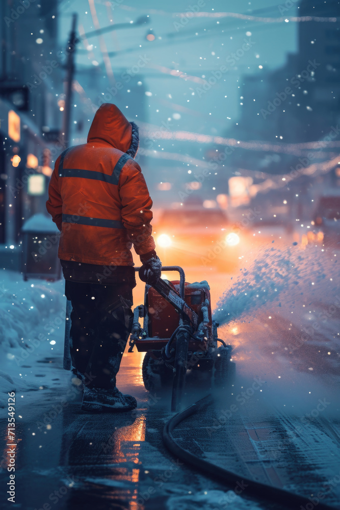 A man using a snow blower to clear snow on a city street. Suitable for winter maintenance and snow removal purposes