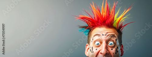 humorous and exaggerated portrait of a person with a wildly colorful mohawk hairstyle. The mohawk of bright colors like red, yellow, green, and blue, standing in sharp spikes that defy gravity.  photo