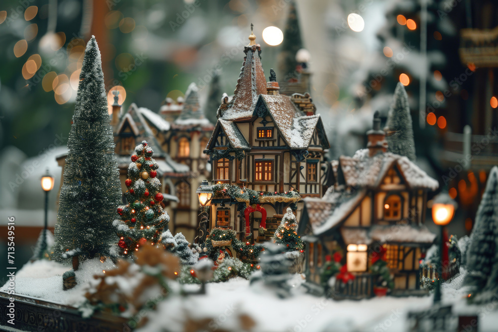 A festive miniature Christmas village with an abundance of twinkling lights. Perfect for holiday decorations or creating a cozy winter atmosphere