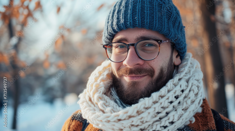 A picture of a bearded man wearing a knitted scarf and a beanie. This versatile image can be used in various contexts A picture of a bearded man wearing a knitted scarf and a beanie. This versatile image can be used in various contexts