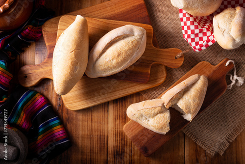 Bolillo bread. Traditional mexican bakery. White bread also called french bread commonly used to accompany food and to prepare Mexican sandwiches called Tortas.