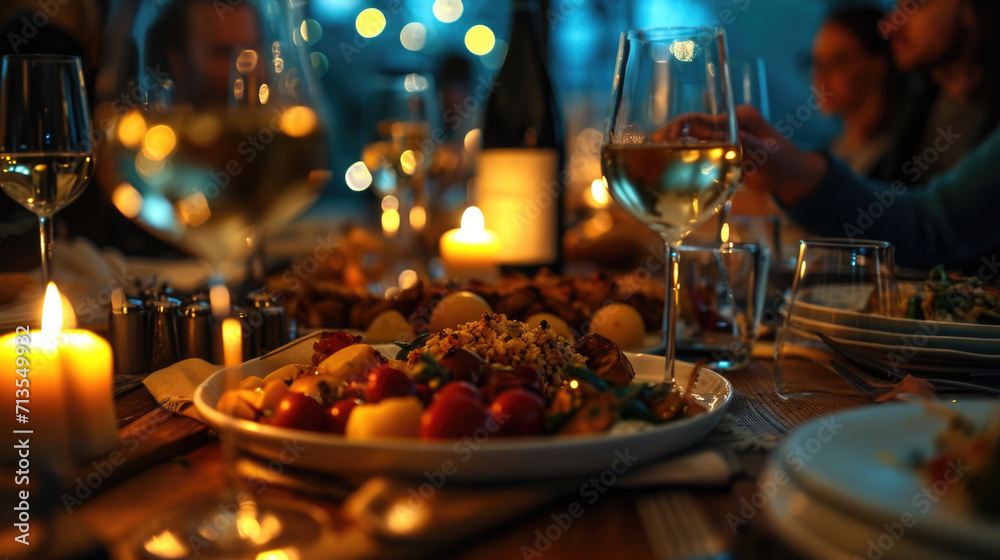 A plate of food and glasses of wine on a table. Perfect for restaurant menus or food and wine blogs