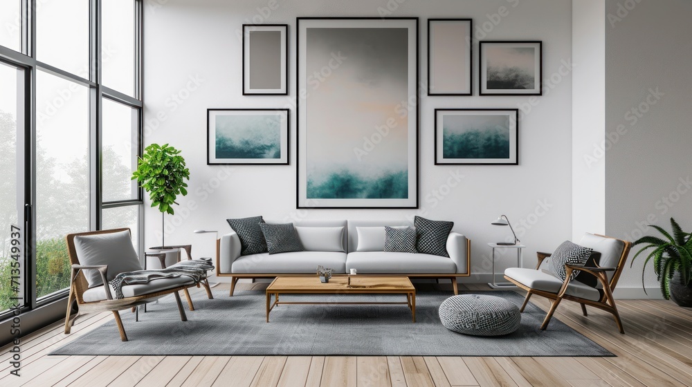 Fototapeta premium Living Room With Furniture and Large Window