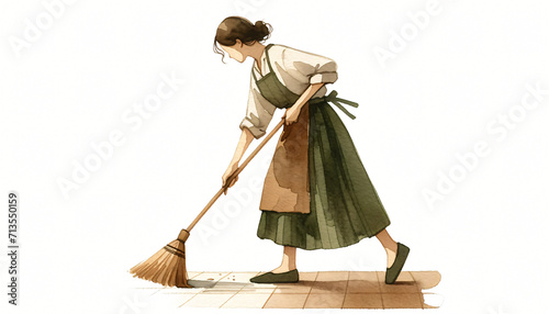 Woman sweeping floor with natural broom on white background. Simple watercolor illustration for design, print. Spring cleaning. Housewife, housework. Eco-friendly, zero waste, ecology concept