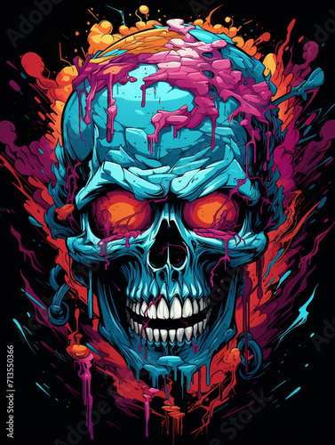 T-shirt design, skull, deklart, graffiti style, comic book style created with Generative Ai