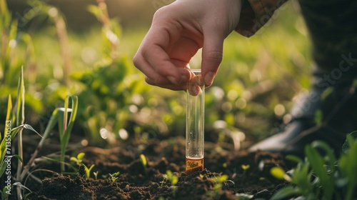 Hand Holding soil sample in a tube on the field for chemical analysis and ph test. Agrochemical analysis soil and greenhouse soil for fertility. Soil quality monitoring concept photography