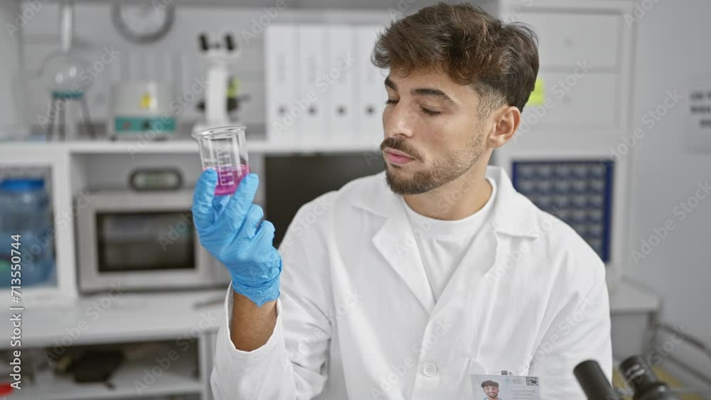 Confident arabian man happily working in science, a young smiling scientist, holding test tube in lab. a professional chemist conducting secure medical research with protection gloves. Confident arabian man happily working in science, a young smiling scientist, holding test tube in lab. a professional chemist conducting secure medical research with protection gloves.
