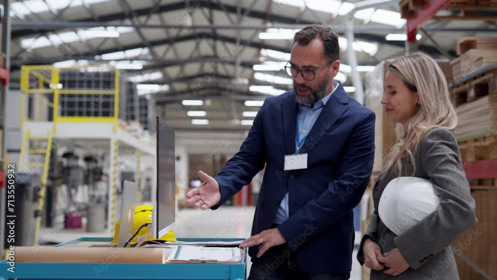 Female engineer and male supervisor standing in modern industrial factory, talking about production. Team management in manufacturing facility Female engineer and male supervisor standing in modern industrial factory, talking about production. Team management in manufacturing facility