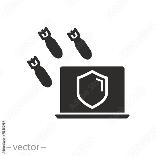 malware protect icon, protection against ddos attacks, computer with shield, flat symbol on white background - vector illustration