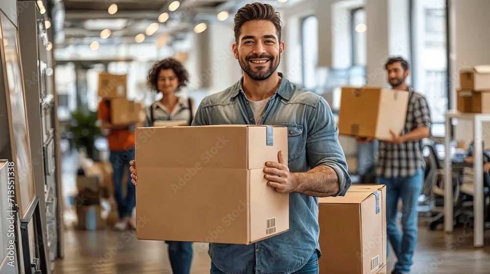 Young man moving into new office holding cardboard boxes. Young man moving into new office holding cardboard boxes.