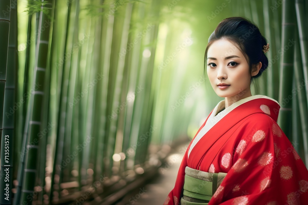 Asian woman in bamboo forest wearing traditional Japanese kimono at Bamboo Forest in Kyoto, Japan Asian woman in bamboo forest wearing traditional Japanese kimono at Bamboo Forest in Kyoto, Japan