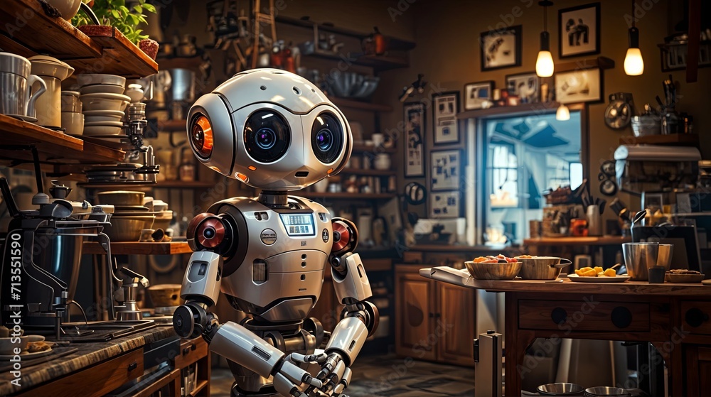 Cute robot with a friendly face, personal assistant in the kitchen Cute robot with a friendly face, personal assistant in the kitchen