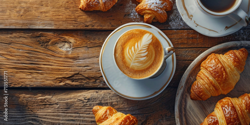 A picture featuring a cup of coffee and some croissants arranged on a table. Perfect for illustrating breakfast, cafes, or a cozy morning atmosphere