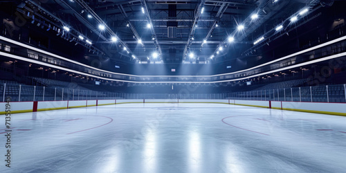 An empty hockey rink with lights shining on the ice. Ideal for sports-themed designs and publications