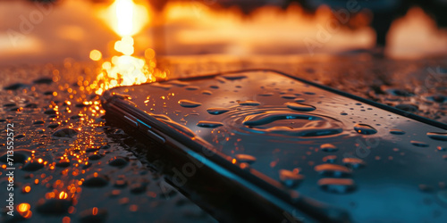 A cell phone is placed on top of a wet ground. This image can be used to depict the dangers of water damage to electronic devices photo