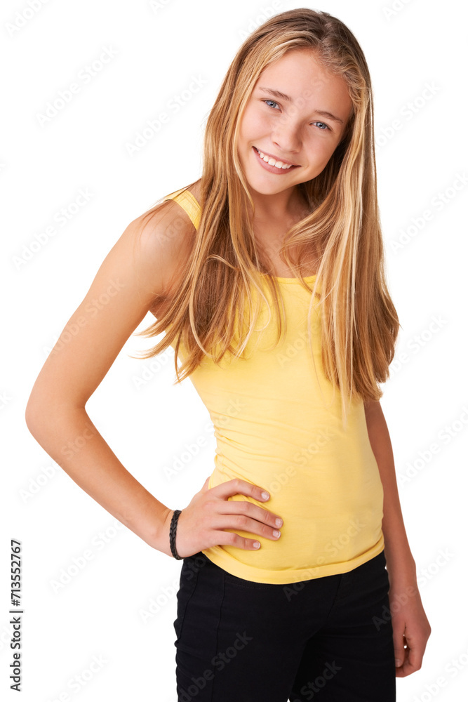 Casual, fashion or portrait of happy girl teenager in studio isolated on white background with pose. Pride, cool child or confident model with smile, modern style or trendy clothes with hand on hip Casual, fashion or portrait of happy girl teenager in studio isolated on white background with pose. Pride, cool child or confident model with smile, modern style or trendy clothes with hand on hip