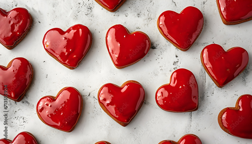 Closeup of gingerbread heart cookies with red glaze and icing on white table texture, flat lay, top view