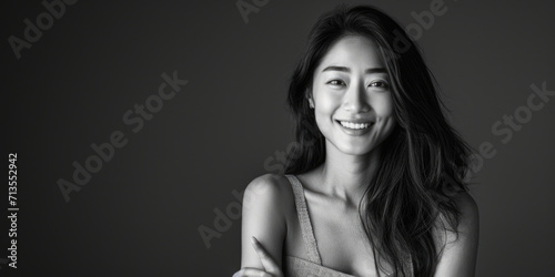 A black and white photo capturing the genuine smile of a woman