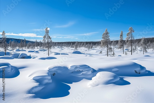 Serene beauty of a winter landscape with large snowdrifts and snow-covered trees, against background of forest and sky