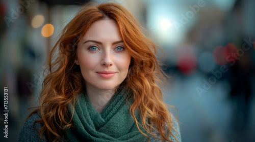 Mujer muy hermosa, pelirroja irlandesa usando un una pañuelo verde en el cuello en una calle de la ciudad