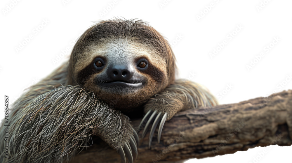 Fototapeta premium A detailed view of a sloth resting on a tree branch. This image can be used to depict wildlife, nature, or relaxation