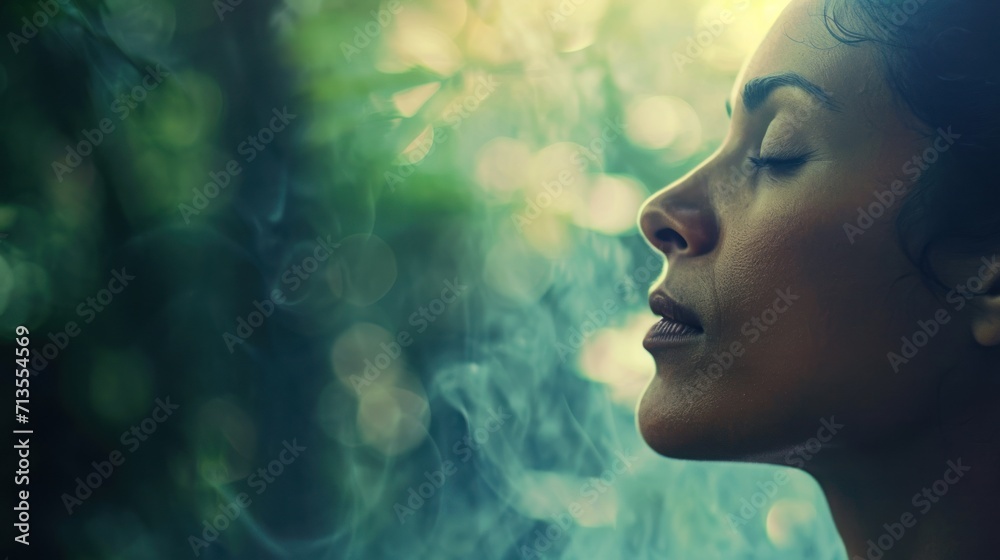 Woman Standing in Front of Window With Closed Eyes Woman Standing in Front of Window With Closed Eyes