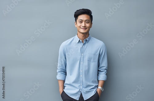 portrait of smiling asian businessman in blue shirt isolated on grey