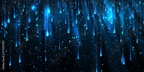 Shiny blue glitter rain draping down on black background, sparkling particles celebration background, for party, poster, greeting card, Christmas and award event.