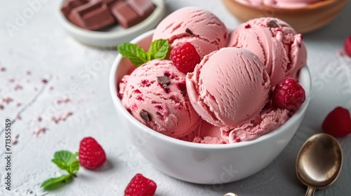 Bowl of Ice Cream With Raspberries and Mint