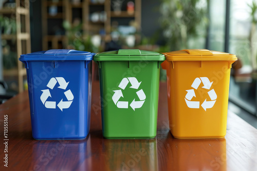 Three recycleable trash cans sitting on a table. Suitable for eco-friendly and waste management concepts photo
